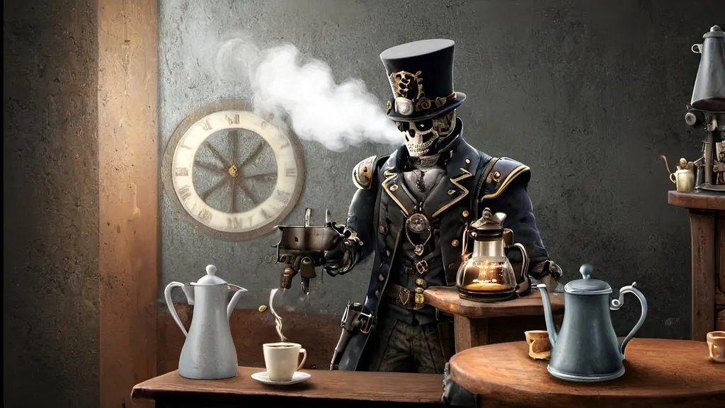 Prompt: In a realm where shadows swirl like tendrils of forgotten tales, a figure stands tall amidst the clatter of machinery and the whisper of steam. This figure is not of battles and realms, but of coffee and dreams. Enter our hero, not with sword in hand but with a steaming carafe, a barista of finesse and a steampunkesque coffeemaker that hums with mechanical precision.
In this surreal tapestry of bones and gears, where the aroma of freshly ground beans mingles with the scent of aged metal, the hero weaves a tale not of conquest, but of creation. With each carefully crafted cup, each swirl of tastefully engineered foam, the hero challenges not the throne, but the very essence of tradition and innovation.
Picture this scene: an ornate coffee carafe, adorned with intricate engravings that tell stories of old, a steaming styled foam rising like the curls of forgotten whispers, and a barista whose hands move with the grace of a master artisan. As the hero brews a blend that transcends time and taste, he becomes a catalyst for change in a world where coffee is not just a drink, but a symbol of unity and progress.
So, amidst this steampunkesque backdrop of clinking chains and whirring cogs, our hero stands not as a warrior, but as a champion of caffeinated dreams, ready to stir hearts and awaken minds to the possibilities that lie beyond the realm of bones and machinery. In this tale of triumph and transformation, the hero's destiny is not to conquer, but to inspire a new era where the art of coffee-making is as revered as the most epic of legends.