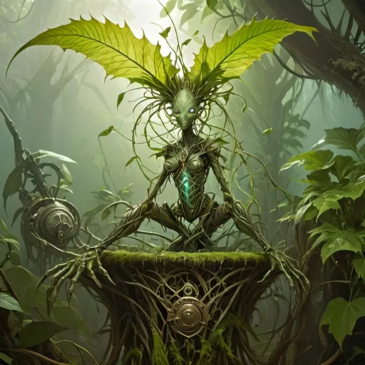 Prompt: Awakening to a world of grass and fog, this anthropomorphic marvel found itself a being of intricate design, its form fashioned from a mosaic of verdant foliage. Each leaf, a distinct contour sculpted by nature's hand, now melded seamlessly into a living, breathing tapestry of existence.

As consciousness unfurled like the delicate fronds of a fern, the anthropomorphic leaf creature's very veins pulsed with the lifeblood of intricate leaf veins, an organic network etched upon its frame - a convergence of the botanical and the mechanical. Its eyes, twin orbs of luminous intent, searched the room with an inquisitive gleam, conveying a depth of emotion that belied its leafy visage.

Donned in steampunk attire fashioned from woven textured foliage, the creature's appearance was a blend of rustic charm and whimsical elegance. The supple leather-like fabric of its leaf clothing whispered softly with each movement, granting it a tactile semblance of the sturdy yet comforting embrace of leather, exposed skin as dried leaves.

Thus, in this wondrous amalgamation of flora and function, the steampunkesque creature stood -eye contact and interaction a relaxed posture, a marvel of artistry and ingenuity, a testament to the boundless creativity that flourished in the realm where the natural world and the fantastical collide.
