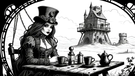 Prompt: Illustrate a dramatic steampunkesque and gothic scene Incorporating a table view dawn coffee break where the characters are enjoying along with crumpets featuring an epic trebuchet and four anthropomorphic blue fox adventurers at dawn. The setting is a dark, shadowed landscape with Dracula's fortress looming ominously in the distance. 

The scene includes:
- **Sebastian:** The sage leader, exuding wisdom and confidence.
- **Alistair:** The sharpshooter, holding a steampunk-style rifle.
- **Finnegan:** The inquisitive engineer, tinkering with the trebuchet mechanisms.
- **Cedric:** The calm medic, ready with a medical kit.

Incorporate a dawn coffee break where the characters are enjoying coffee with an ornately designed steampunkesque mechanical coffee maker and an exquisite carafe, along with crumpets.

The mood is suspenseful, heroic, and atmospheric, blending steampunkesque ingenuity with gothic horror elements. The trebuchet is the focal point, appearing three-dimensional and intricately detailed. The background features towering battlements, ancient castle walls, and eerie atmospheric elements like bizarre bats and shadowy landscapes.

The overall tone should be dark and adventurous, with detailed textures such as rusted metal, worn wood, and fur. The lighting should highlight the glimmering steampunk machinery, the dawn light, and the tense expressions of the characters, creating a cohesive and visually stunning scene."
