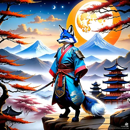 Prompt: Upon a Thomas Kinkade-style Edo period landscape:

Create an artistic composition of the “Loyal Warrior Consort” featuring acrobatic prowess with a celestial and timeless quality. The character is an early Holocene Vulpes qiuzhudingi (Blue fox) anthropomorphic warrior, showcasing martial arts skill and battle marks. Use acrylic trompe l’oeil artwork technique for dynamic action, elegance, and emotional depth. Integrate multicolor luciferin gradients to depict “Lucifurinescent glints” and “radiance ablaze,” adding otherworldly light. Blend traditional Edo period accoutrements and in-depth landscape elements with Steampunk aesthetics to symbolize “unsolved enigmas” and “alien musings.” Employ shadow layering to create depth and contrast, enhancing the mysterious atmosphere. Limit the character to two arms and two legs. Include inscriptions from a poem, such as “Radiance ablaze” and “Their tale whispers through ages,” on the character’s armor or weaponry. Set the scene against a celestial backdrop with luminous glints and a sense of transient essence, reflecting the poetic context of a timeless battle scene.