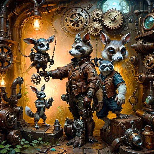 Prompt: Anthropomorphic
Creatures technological
Steampunkesque, sentient 

Gears in silent dance,
Beneath antiquated light,
Luciferin hums.

Rabbit’s nimble paws,
Mechanist of subtle craft,
Wrought from steel and steam.

Ferret’s eyes aglow,
Infiltrator of shadows,
Secrets deftly claimed.

Deer’s tranquil essence,
Mender of the fractured soul,
Healing spells take root.

Venerated owl,
Perched in opulent wisdom,
Machination stirs.

Raccoon’s deft contraptions,
Ingenious and arcane,
Copper dreams take flight.

hesperocyon  
keen gaze sharp, Scout  pathways, peril
Survival in steps.

Short faced Bear, 
brobdingnagian mighty,
Strength forged in twilight.

In this eldritch room,
Where ethereal fog swirls,
Dark fates intertwine.

Gears in silent dance,
Beneath antiquated light,
Luciferin hums.