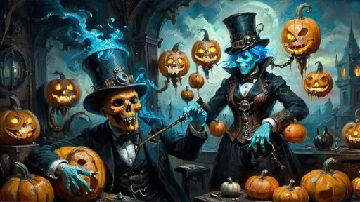 Prompt: Anthropomorphic
Strigoi toil away
Steampunkesque, sentient
technologically apt
Blunderbuss muzzle flashes
eschatologically 
By augury's hue
Strigoi tendrils hued neon
Unfurling their dread
In machinist gloom
Electric azure punctuates
Phantasmagoric
Intricately carved pumpkins
Chiaroscuro's embrace
Amidst gourd carved lantern woe
Rusty spires ascend
Mist enshrouds ephemeral
Realms straddle and scream
Vibrant hues collide
Spectral visages convulse
Enigmatic dread