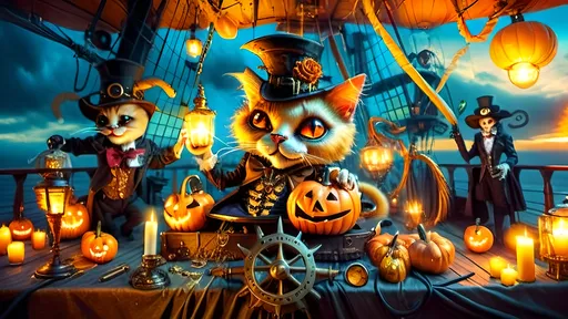 Prompt: Halloween and steampunk fusion scene aboard the mizzen deck of an airship floating in steampunkesque skies during a luciferininfused dusk, polished brass and antique wood deck with bronze glow, metallic rigging, glowing pistons, intricate steampunk gears, magical translucent luciferin gas, blunderbuss’ muzzle flash, saber’s slash, anthropomorphic Felines as 14thcentury jesters, fools, dwarves and acrobats in vibrant pastel steampunk costumes, faces painted red, white, and black, laughing emotions, majestic anthropomorphic siamese Halloweenesque character with glowing pocketsized luciferin hand cannon, youthful ghoulish character in jester costume, devilish youth in pilgrim attire, lavish brunch with Halloween and steampunk decorations, ornate All Hallows' Evethemed coffee service, ornately carved pumpkins into cat faces, gothic lanterns, gothic terrace background with spires, dawn light, chiaroscuro lighting for deep contrasts, ethereal dreamlike glow