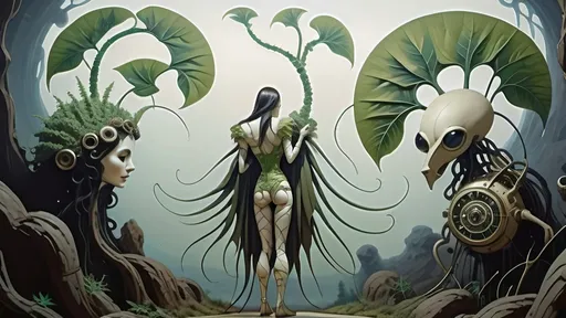 Prompt: Awakening to a world of grass and fog, this anthropomorphic marvel found itself a being of intricate design, its form fashioned from a mosaic of verdant foliage. Each leaf, a distinct contour sculpted by nature's hand, now melded seamlessly into a living, breathing tapestry of existence.

As consciousness unfurled like the delicate fronds of a fern, the anthropomorphic leaf creature's very veins pulsed with the lifeblood of intricate leaf veins, an organic network etched upon its frame - a convergence of the botanical and the mechanical. Its eyes, twin orbs of luminous intent, searched the room with an inquisitive gleam, conveying a depth of emotion that belied its leafy visage.

Donned in steampunk attire fashioned from woven textured foliage, the creature's appearance was a blend of rustic charm and whimsical elegance. The supple fabric of its leaf clothing whispered softly with each movement, granting it a tactile semblance of the sturdy yet comforting embrace of leather, exposed skin as dried leaves.

Thus, in this wondrous amalgamation of flora and function, the steampunkesque creature stood - a marvel of artistry and ingenuity, a testament to the boundless creativity that flourished in the realm where the natural world and the fantastical collide.
