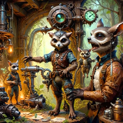 Prompt: Anthropomorphic
Creatures technological
Steampunkesque, sentient 

Gears in silent dance,
Beneath antiquated light,
Luciferin hums.

Rabbit’s nimble paws,
Mechanist of subtle craft,
Wrought from steel and steam.

Ferret’s eyes aglow,
Infiltrator of shadows,
Secrets deftly claimed.

Deer’s tranquil essence,
Mender of the fractured soul,
Healing spells take root.

Venerated owl,
Perched in opulent wisdom,
Machination stirs.

Raccoon’s deft contraptions,
Ingenious and arcane,
Copper dreams take flight.

hesperocyon  
keen gaze sharp, Scout  pathways, peril
Survival in steps.

Short faced Bear, 
brobdingnagian mighty,
Strength forged in twilight.

In this eldritch room,
Where ethereal fog swirls,
Dark fates intertwine.

Gears in silent dance,
Beneath antiquated light,
Luciferin hums.