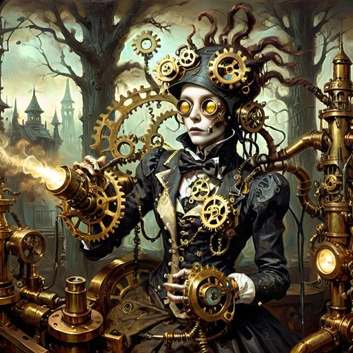 Prompt: Anthropomorphic
Sentient technological
Steampunkesque, ghoulish
In eldritch machine
Gears entwined with bone do creak
Specter of brass reigns
Blunderbuss of dread
Phosphorescent gleam ignites
Sinister light glows
Gothic spires crumble
Smoggy tendrils coil in gloom
Clockwork mists enshroud
Ethereal brass forests
Steam hums through shadows
Lanterns cast divine
Machinery’s holy light
Hope mingles with dread
Victorian cogs
Clash with demonic gears
Salvation’s struggle
Wings of copper gleam
Reach towards celestial brass
Figures in conflict
Steam-driven phantoms
Eyes aglow in iron mist
Haunt faded visions
Metal trees twist, writhe
Surreal grotesques dance, contort
Symbols darkly gleam
Mesmeric tableau
Serenity meets the void
Steampunk’s haunted grace
Warm brass kisses cold
Ominous steel’s embrace tight
Worlds in balance hang
Salvation, perdition
Machined, organic entwine
Sinisterly Gleam
Celestial gears turn
In limbo’s ethereal haze
Forests breathe in steam