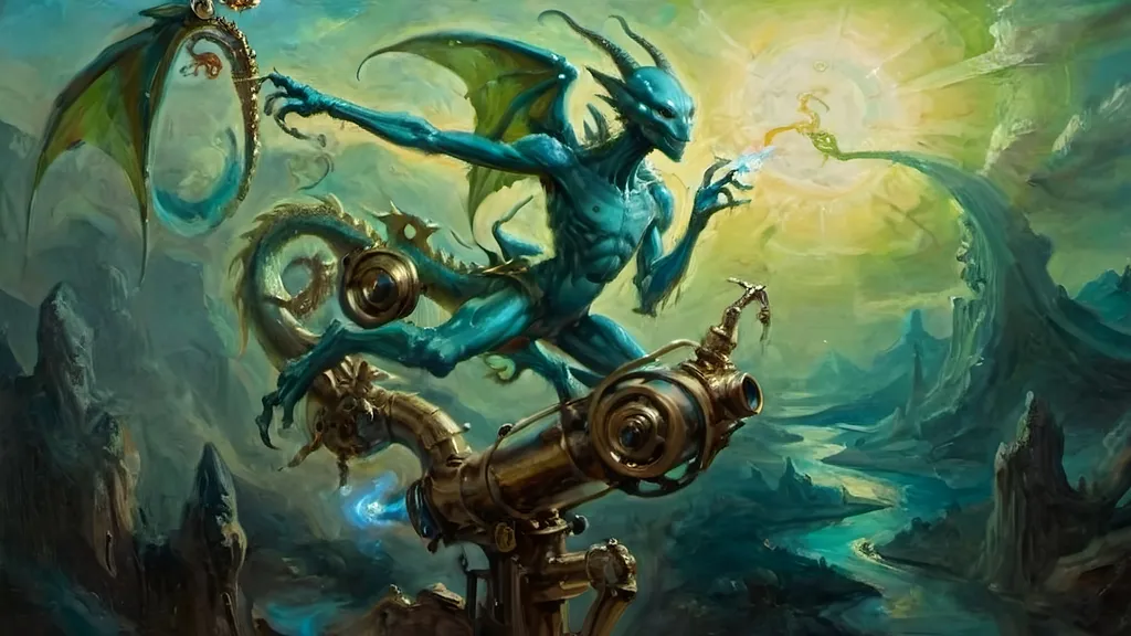 Prompt: Sophisticated scene with an anthropomorphic alien figure, ethereal and unnervingly graceful, gliding through, extra-jointed limbs,  Dragon’s Blunderbuss with mystical blue-green luciferin energy deliberate and artful interactions, poised, effortless authority, showcasing a world where art, magic, and machinery converge with savoir-faire.