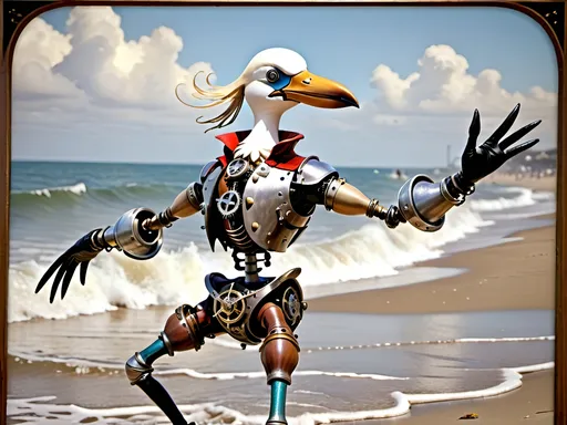 Prompt: Anthropomorphic 
Steampunkesque technology
Muscle bound seabird
---

Under morning sun,  
Seabird graces storied sands—  
Resplendent in form.

---

Elongated legs,  
Supple reeds in zephyrs’ dance—  
Sea's vast embrace calls.

---

Mischief in his eyes,  
Beachgoers’ toil unnoticed—  
Avian voyager.

---

Plumage tousled light,  
Saline breezes bring solace—  
Waves chant his essence.

---

Choreographed grace,  
Wings unfurled in ocean's song—  
Maestro of the shore.

---

Day's vibrant tableau,  
Delights of beachside revels—  
Laughter and salt tang.

---

Fellowship in skies,  
Airborne kin cavort above—  
Cerulean bond.

---

Muscle Beach's arena,  
For robust and brawny strength—  
Whimsical proscenium.

---

Stilts' realm of splendor,  
Statuesque limbs embrace waves—  
Effervescent spirit.
