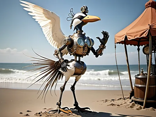 Prompt: Anthropomorphic 
Steampunkesque technology
Muscle bound seabird
---

Under morning sun,  
Seabird graces storied sands—  
Resplendent in form.

---

Elongated legs,  
Supple reeds in zephyrs’ dance—  
Sea's vast embrace calls.

---

Mischief in his eyes,  
Beachgoers’ toil unnoticed—  
Avian voyager.

---

Plumage tousled light,  
Saline breezes bring solace—  
Waves chant his essence.

---

Choreographed grace,  
Wings unfurled in ocean's song—  
Maestro of the shore.

---

Day's vibrant tableau,  
Delights of beachside revels—  
Laughter and salt tang.

---

Fellowship in skies,  
Airborne kin cavort above—  
Cerulean bond.

---

Muscle Beach's arena,  
For robust and brawny strength—  
Whimsical proscenium.

---

Stilts' realm of splendor,  
Statuesque limbs embrace waves—  
Effervescent spirit.
