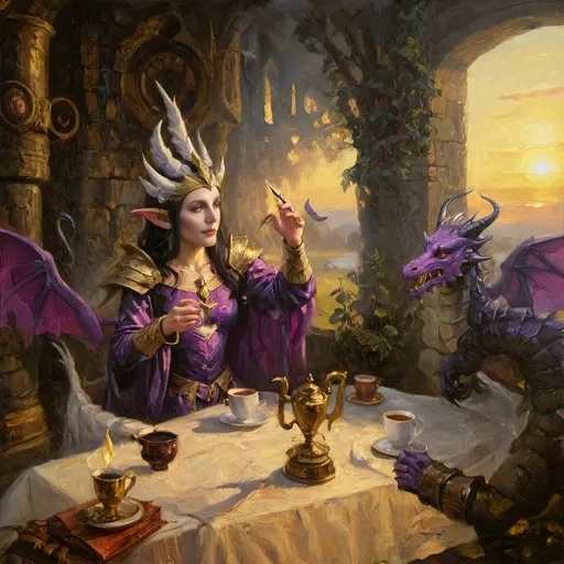 Prompt: Awakened by dawn,
With grace, Elven Princess
Welcomes the new light.
Fuchsia Dragon's gaze,
Sparkling in morning's glow,
Casts warmth on cold ground.
Espresso tis' brewed,
Steam wafting air with fervor,
Morn's comforting balm.
In intricate halls,
Adorned in ancient design,
Runes and gems pulsate.
Armor radiant,
Reflects first rays of sunrise,
Harmony of light.
Longbow in repose,
Arrows rest from strife of night,
Precision at ease.
Sweet beans, roasted gold,
Cup held by delicate hand,
Serenity reigns.
Dragon’s wings unfurl,
Brushing aside morning’s mist,
Enchanting tableau.
Good visitors come,
Past realms of steel and battle,
Tidings of the morn.
Colossal presence,
Dragon’s fuchsia scales gleam,
Speaks of twilight peace.
Parley they embrace,
Love's unspoken bond in light,
Transcending conflict.
Elegantly served,
Coffee, with a hint of scroll,
Elven art refined.
In harmonious calm,
Chaos of night melts away,
Love and coffee blend.
Serene morning scene,
Princess, dragon, gracious hosts,
Welcoming daybreak.