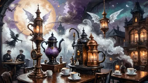 Prompt: An ethereal steampunk coffee bistro in the clouds at twilight, with angels and celestial figures serving coffee. Patrons bustling.  The bistro is adorned with mechanical steampunk elements like antique bronze and copper gradients, along with silver and gold accents. The atmosphere is dreamlike and heavenly, with Halloween elements such as glowing jack-o’-lanterns, phantoms, and eerie Victorian attire. Gothic spires and shadowy ruins appear in the misty landscape, illuminated by stark chiaroscuro lighting. Eerie mists glow in shades of brown, purple, and green, while ornate brass carafes steam with celestial coffee. Angels with shimmering wings and macabre expressions serve patrons under a sky painted in lavender and soft blues. The flooring is made of glowing clouds, and the bistro furniture is airy and translucent, creating a haunting yet serene ambiance.