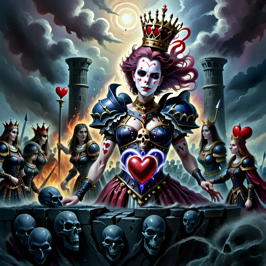 Prompt: In a realm where the cards held court and battles unfolded upon the velvet battlefield, there stood the Queen of Hearts, a regal figure with a turbulent spirit that ignited fervor in her loyal subjects – her men, the mighty soldiers of her crimson domain.
With a gaze that could melt steel and a heart that beat thunder into the very ground they tread, she commanded her troops like a tempest unleashed, each man an embodiment of her unyielding will. As the clash of swords and the thunder of footsteps filled the air, the Queen's call to arms echoed across the lands, stirring her men into a frenzy of unwavering loyalty.
Amidst the chaos of the battlefield, her men rushed forth, their movements a symphony of controlled chaos. With hearts blazing like infernos, they tore through the enemy lines, their actions swift and merciless. Eyes met their merciless blades as they surged forward, a whirlwind of crimson and steel, gouging out the very essence of opposition before them.
And there, at the heart of the tumultuous storm she had summoned, the Queen of Hearts stood, a vision of sovereignty and power, orchestrating the brutal ballet of war with a grace that belied the chaos around her. Her presence was both feared and revered, a beacon of unwavering resolve that fueled her men's frenzy and struck dread into the hearts of her foes.
In that moment, as the clash of arms and the cries of battle filled the air, the Queen of Hearts reigned supreme, a sovereign of unparalleled ferocity and indomitable spirit, leading her men to victory amidst the carnage and chaos of the battlefield.