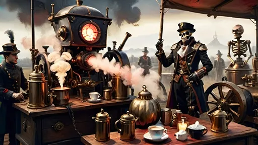 Prompt: A dynamic steampunk-themed battle camp scene at dawn. In the foreground, an Italian ghoul prince stands in mid-action, adorned in black armor with red highlights. His eyes glow vividly red, radiating power as he wields a rapier and a blunderbuss, ready for battle. Opposite him is a menacing automaton guard with stark black armor and glowing red goggles, accented with white highlights. The background features a velvety black night sky, merging with the reddish dawn light that casts an eerie glow over the camp. Brass chimneys and rotating gears surround tents, with steam rising to add a dreamlike atmosphere. In the vicinity, a military coffee barista operates a steam-powered coffee machine, adding layers of activity and steampunk detail. Skeleton soldiers with mechanical enhancements are scattered around, with carved pumpkins emitting a warm, orange glow. The overall scene uses chiaroscuro lighting to dramatize the steam and industrial elements, creating a visually striking and immersive tableau.