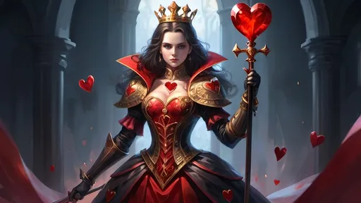 Prompt: In grand court’s tumult,
The Queen of Hearts elevates,
Regally adorned.
---
Luciferin’s glow,
Heart-adorned crest ablaze bright,
Majestic allure.
---
Crimson warriors,
Enumerated armor,
Strength in line displayed.
---
Heart-shaped scepter held,
Elegant yet formidable,
Grace in martial form.
---
Opponents succumb,
To her valor's radiant might,
Benevolent reign.
---
Twilight battlefield,
Presence, power, heritage,
Legacy profound
