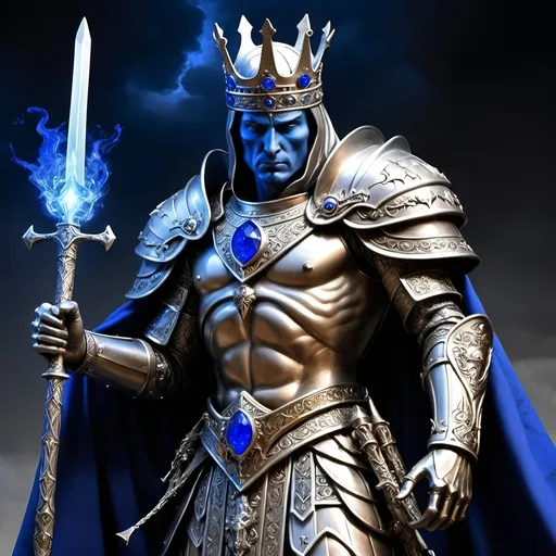 Prompt: In the battlefield's grim and fateful hour,  
The king, in dire straits, donned with runic might,  
His breastplate, a cobalt blue luciferin power,  
Glowing trompe l'oeil, radiating in the night.
Bronze and copper accouterments adorned,  
Reflecting his ethereal ethereal hue,  
A king, in soulful gaze, his fate forewarned,  
For in battle's dance, his destiny he'll pursue.
Amidst the fray, enchanted by his spell,  
Bewitched daemon imps arise,  
Their presence in the battle does compel,  
A dynamic clash beneath the darkening skies.
In fierce interaction with these spectral beings,  
The king's strength and valor put to test,  
His spirit, a beacon in the chaos it brings,  
In a realm where courage and fate manifest.
With each movement, a narrative unfolds,  
As anthropomorphic characters align,  
In the king's story, where destiny molds,  
A saga of bravery and honor intertwined.
Through the clash of forces, light and dark,  
The king's presence shines in cobalt blue,  
A soulful citation in battle's stark embark,  
A monarch in bronze and copper, true.
In this tapestry of conflict and strife,  
Where skeletal imps and warriors entwine,  
The king, in his regal essence rife,  
Embodies a legacy, steadfast and divine.
