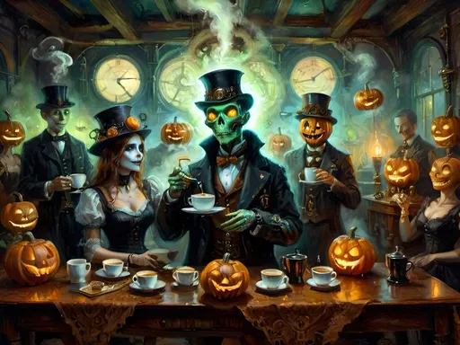 Prompt: A steampunk anthropomorphic alien hosting a midnight coffee party, set under the glowing gaze of hovering jack-o’-lanterns, enveloped in ethereal steam. The scene merges Victorian elegance with mechanical ingenuity, where ghostly guests with spectral visages sip coffee from brass cups. Flickering shadows are cast by distant ruins, and glowing mist curls at the guests' feet. The sound of unseen gears ticking rhythmically fills the air, creating an eerie yet refined atmosphere. The overall scene is a surreal tableau, blending tradition with futuristic artistry, where every element tells a story, from the steampunk decorations to the glowing jack-o’-lanterns, combining Halloween and steampunk aesthetics in a dreamlike setting.