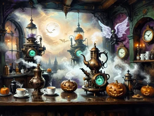 Prompt: ethereal steampunkesque coffee bistro in the clouds with angels and celestials, dreamlike atmosphere with mechanical steampunk elements, antique bronze, copper gradients, silver and gold accents. The space is heavenly and dreamlike, filled with Halloween elements like jack-o’-lanterns, phantoms, eerie Victorian attire, and a gothic twist. There are shadowy ruins and misty landscapes under stark chiaroscuro lighting, with eerie mists glowing in shades of brown, purple, and green. Celestial beings in fun macabre Victorian attire with ornate brass coffee makers and carafes add to the scene's whimsical yet haunting atmosphere.