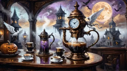 Prompt: An ethereal steampunk coffee bistro in the clouds at twilight, with angels and celestial figures serving coffee. Patrons bustling.  The bistro is adorned with mechanical steampunk elements like antique bronze and copper gradients, along with silver and gold accents. The atmosphere is dreamlike and heavenly, with Halloween elements such as glowing jack-o’-lanterns, phantoms, and eerie Victorian attire. Gothic spires and shadowy ruins appear in the misty landscape, illuminated by stark chiaroscuro lighting. Eerie mists glow in shades of brown, purple, and green, while ornate brass carafes steam with celestial coffee. Angels with shimmering wings and macabre expressions serve patrons under a sky painted in lavender and soft blues. The flooring is made of glowing clouds, and the bistro furniture is airy and translucent, creating a haunting yet serene ambiance.