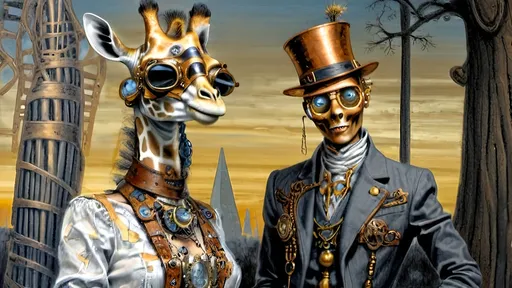 Prompt: 
Steampunkesque Egypt
Pharaoh's clothes leather, copper
Whimsy intertwines
Tween giraffe adorned
Bandages of azure hue
Ancient light aglow
Anthropomorphic  
War accouterments resplend
posing human like
Poses of the past
Giraffe mimics ancient kings
Royal court reborn
Technological
Steampunk dreams in desert's heart
Civilization thrives
Pharaoh’s court in dusk
Tween giraffe stands tall and proud
Steampunk Egypt breathes
Copper gears whirr soft
Ornate brew, amber light gleams
Mug of pharaoh's dream