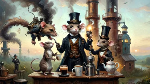 Prompt: In the world of steampunkesque civilization,  
Anthropomorphic kind,  
Mechanized rat gang fights,  
Bloodcurdles in the air,  
Their fine detail shines,  
With unique weapons' glare.  
Tiny paws create
Latte art in morning light—
Whisker brews delight
Morning light ascends,
Coffee’s warmth in hand, I greet
Day’s fresh whisperings.
Cogs turn and steam puffs,
Bronze machine brews liquid gold—
Clockwork carafe gleams.
**Anthropoid Dreamscape**  
Copper sinews writhe,  
Phantoms of destiny,   
Mechanized rats clash.  
**Heroic Enervescence**  
Pistons echo brave,  
Anthropomorphic might,  
Valor's glow abloom.  
**Luminescent Silhouettes**  
Shadows dance aglow,  
Spectral elegance wafts,  
An eerie ballet.  
**Synergistic Fusion**  
Silver and gold dance,  
Ethereal opulence,  
In a world's embrace.  
**Temporal Ephemerality**  
Careful hues unfold,  
Dreamlike focus gleams within,  
In spectral twilight.  
**Action’s Transmutation**  
Muzzle flash sparks fight,  
Techno-gadgets pulse and light,  
Vivid scenes ignite.  
**Delicate Vicissitude**  
Machinery's details,  
Negative space softly breathes,  
In mystic allure.  
**Ephemeral Resonance**  
Breath of old and new,  
Pneumatic whispers rise,  
In sepia's hue.