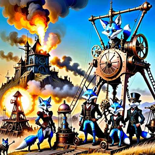 Prompt: {
  "prompt": "Illustrate a steampunkesque and gothic scene at dawn with an epic trebuchet and four anthropomorphic blue fox adventurers. The setting includes a dark, steampunkesque landscape with Dracula's fortress on a distant hill. Highlight the trebuchet with steampunkesque designs. Characters: Sebastian (leader), Alistair (sharpshooter), Finnegan (engineer), Cedric (medic). Include steampunkesque wrist grappler. Use dawn light to highlight details and create a dark, adventurous mood."
}