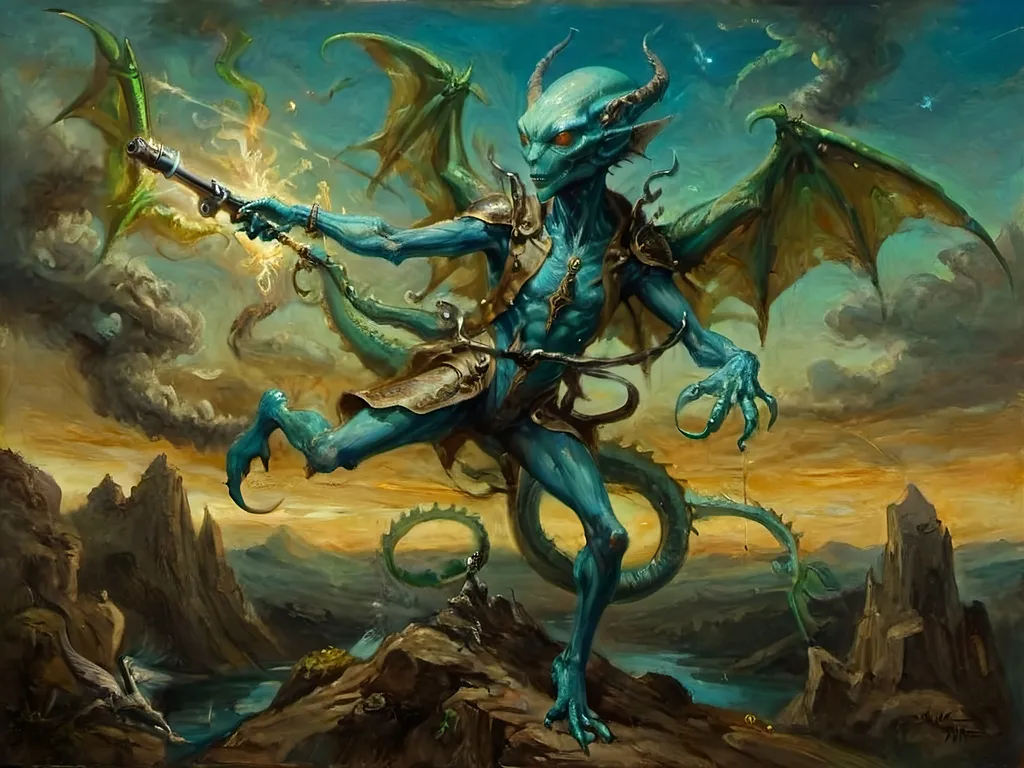 Prompt: Sophisticated scene with an anthropomorphic alien figure, ethereal and unnervingly graceful, gliding through, extra-jointed limbs,  Dragon’s Blunderbuss with mystical blue-green luciferin energy deliberate and artful interactions, poised, effortless authority, showcasing a world where art, magic, and machinery converge with savoir-faire.