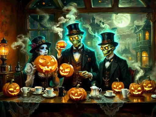 Prompt: A steampunk anthropomorphic alien hosting a midnight coffee party, set under the glowing gaze of hovering jack-o’-lanterns, enveloped in ethereal steam. The scene merges Victorian elegance with mechanical ingenuity, where ghostly guests with spectral visages sip coffee from brass cups. Flickering shadows are cast by distant ruins, and glowing mist curls at the guests' feet. The sound of unseen gears ticking rhythmically fills the air, creating an eerie yet refined atmosphere. The overall scene is a surreal tableau, blending tradition with futuristic artistry, where every element tells a story, from the steampunk decorations to the glowing jack-o’-lanterns, combining Halloween and steampunk aesthetics in a dreamlike setting.