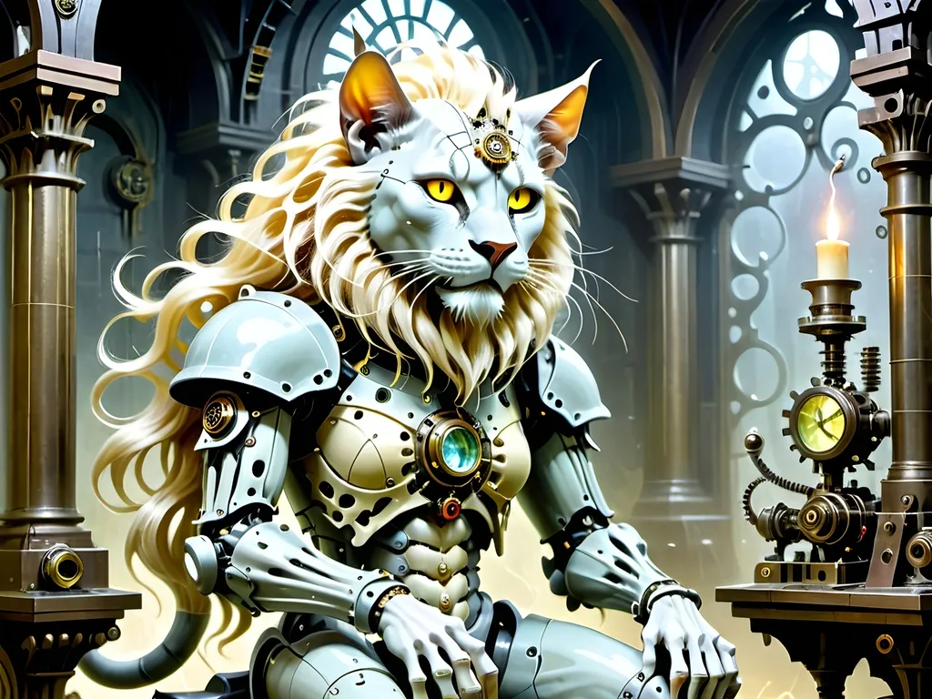 Prompt: In the dimly lit expanse of a gothic chamber, an enigmatic figure resides — a mechanical cat of remarkable intricacy and eerie allure. This steampunk-inspired creation, resplendent in its skeletal grace, draws the eye with its exposed gears and cogs, resembling a work of art forged from the depths of a mechanical dream. Its Persian-themed head, evocative of a macabre skull with vacant eyes, is crowned by a mane reminiscent of a regal lion, infusing the construct with a haunting elegance.
Within this shadowy realm, where the past and the future converge, flickering candlelight dances upon ornate candlesticks, casting a warm, almost spectral glow that bathes the mechanical feline in a mysterious radiance. The juxtaposition of futuristic mechanics against the backdrop of antique opulence creates a mesmerizing scene, inviting the observer to ponder the boundaries between innovation and tradition, life and artifice, in a compelling display of aesthetic contrast. Thus, in this union of disparate elements, the mechanical cat stands as both a tribute to ingenuity and a harbinger of enigmatic beauty in the twilight of a gothic world.