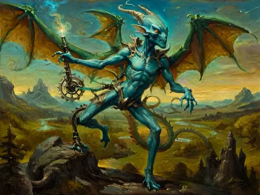 Prompt: Sophisticated scene with an anthropomorphic alien figure, ethereal and unnervingly graceful, gliding through, extra-jointed limbs,  Dragon’s Blunderbuss with mystical blue-green luciferin energy deliberate and artful interactions, poised, effortless authority, showcasing a world where art, magic, and machinery converge with savoir-faire.