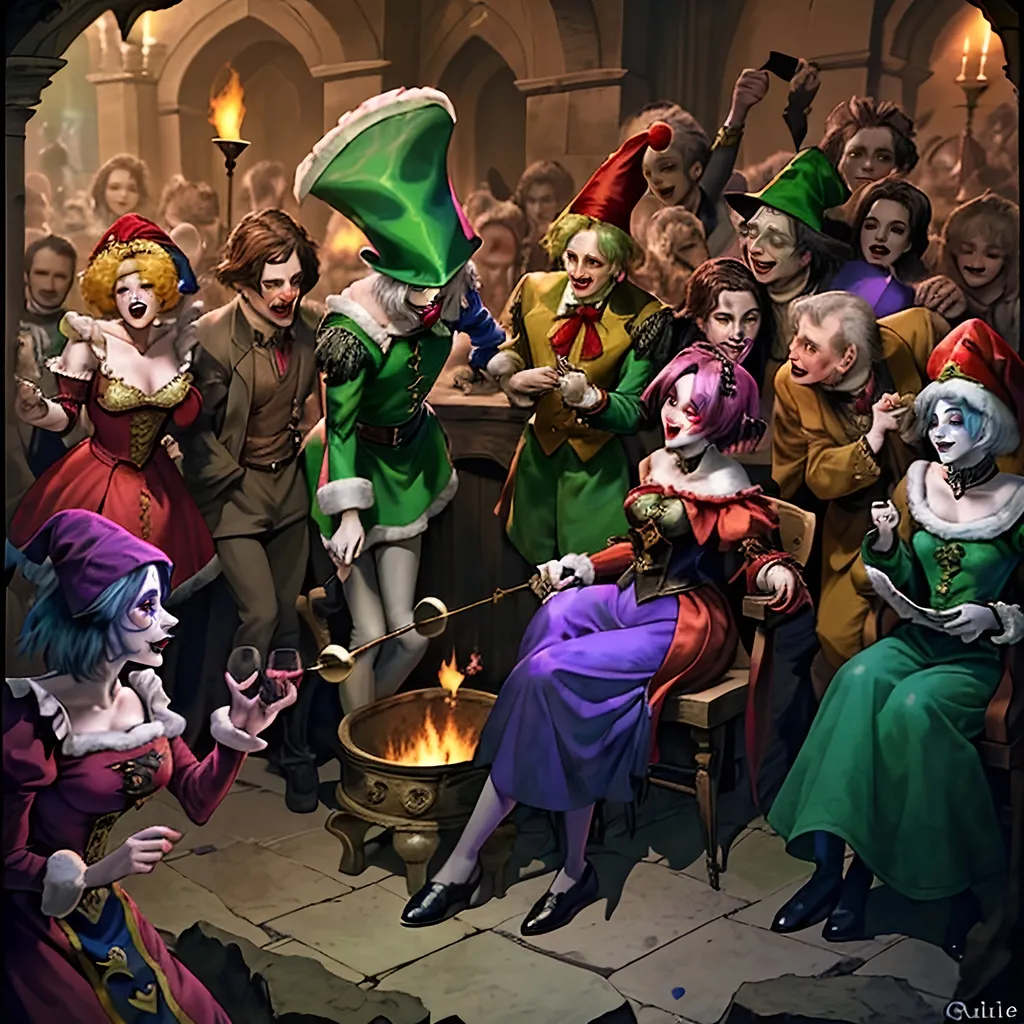 Prompt: #### I. The Motley Band
Once jocund Quibble,  
Favored jester, found solace  
With his motley troupe.

#### II. Unique Talents
Five talents diverse,  
Jangle’s nimble feats astound,  
Merry’s voice enchants.

#### III. Whirlwind of Mirth
Tumble's antics wild,  
Gleek’s mimicry turns knights soft,  
Color, joy they bring.

#### IV. Courtly Sojourns
Through verdant pastures,  
They traverse, perform for all,  
Lords, merchants, and serfs.

#### V. The Stern Duke's Court
At Duke Henry’s court,  
Somber faces challenge them,  
Yet they strive with zeal.

#### VI. Eliciting Smiles
Quibble leads with charm,  
Witty tales and jests delight,  
Laughter slowly spreads.

#### VII. Accidental Faux Pas
Servant spills his wine,  
Quibble’s mimicry amiss,  
Duke's ire does ignite.

#### VIII. The Duke's Wrath
“What insolence here!”  
The Duke’s voice thunderous,  
Troupe's hearts heavy sink.

#### IX. The Somber Night
By the fire they rest,  
Quibble’s heart with sorrow swells,  
Loyal troupe consoles.

#### X. Resolute Spirits
“New court awaits us,”  
Merry's lute with hope resounds,  
Together they stand.

#### XI. A New Dawn
In a kinder court,  
They perform unmarred by fear,  
Quibble’s smiles grow true.

#### XII. Eternal Jest
Laughter ever bright,  
Shared journey strengthens their bond,  
Jesters to the end.
