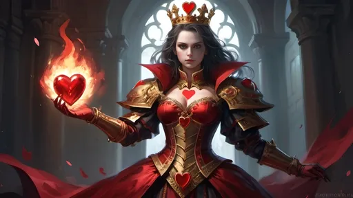 Prompt: In grand court’s tumult,
The Queen of Hearts elevates,
Regally adorned.
---
Luciferin’s glow,
Heart-adorned crest ablaze bright,
Majestic allure.
---
Crimson warriors,
Enumerated armor,
Strength in line displayed.
---
Heart-shaped scepter held,
Elegant yet formidable,
Grace in martial form.
---
Opponents succumb,
To her valor's radiant might,
Benevolent reign.
---
Twilight battlefield,
Presence, power, heritage,
Legacy profound
