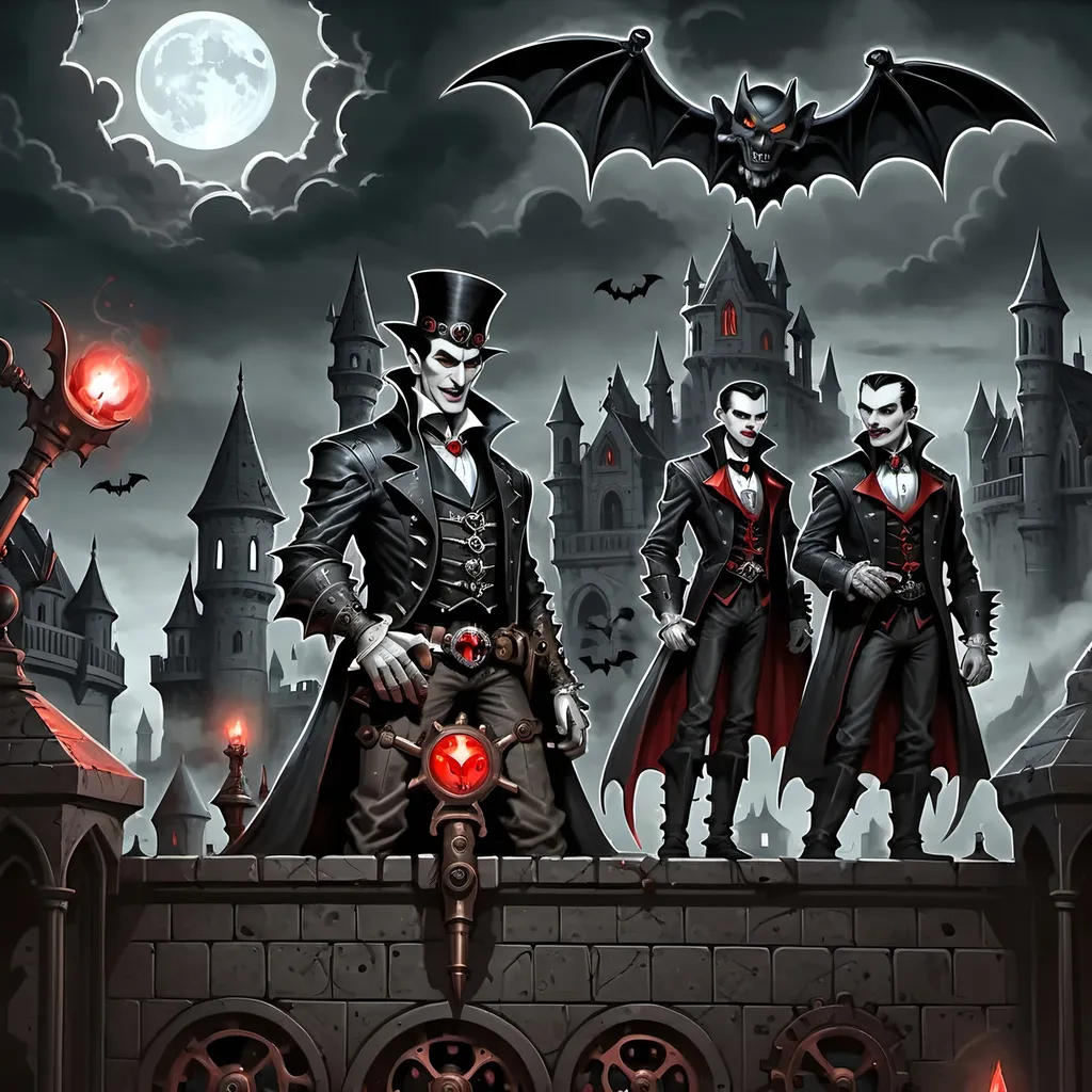 Prompt: Illustrate a dramatic steampunk and gothic scene with Dracula defending his fortress at dawn. Dracula, an imposing figure with glowing red eyes, stands on battlements conjuring a black maelstrom. The dark fortress has gothic architecture with steampunk elements like gears and steam cannons. Vampiric minions in dark armor and animated gargoyles ready defenses. Include a swirling maelstrom, mechanical bats, and eerie shadows. Use dawn light to highlight textures and create a dark, adventurous mood