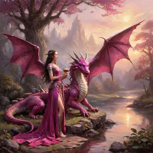 Prompt: Awakened by dawn,
With grace, Elven Princess
Welcomes the new light.
Fuchsia Dragon's gaze,
Sparkling in morning's glow,
Casts warmth on cold ground.
Espresso tis' brewed,
Steam wafting air with fervor,
Morn's comforting balm.
In intricate halls,
Adorned in ancient design,
Runes and gems pulsate.
Armor radiant,
Reflects first rays of sunrise,
Harmony of light.
Longbow in repose,
Arrows rest from strife of night,
Precision at ease.
Sweet beans, roasted gold,
Cup held by delicate hand,
Serenity reigns.
Dragon’s wings unfurl,
Brushing aside morning’s mist,
Enchanting tableau.
Good visitors come,
Past realms of steel and battle,
Tidings of the morn.
Colossal presence,
Dragon’s fuchsia scales gleam,
Speaks of twilight peace.
Parley they embrace,
Love's unspoken bond in light,
Transcending conflict.
Elegantly served,
Coffee, with a hint of scroll,
Elven art refined.
In harmonious calm,
Chaos of night melts away,
Love and coffee blend.
Serene morning scene,
Princess, dragon, gracious hosts,
Welcoming daybreak.