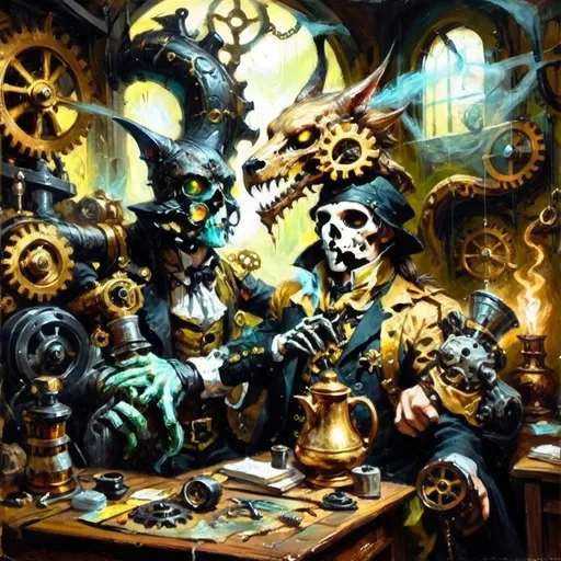 Prompt: ### Haiku Series: Steampunk Gothic Elegy
**I. Gloomy Sanctum's Veil**  
In hoary sanctum,  
Crumbling relics of dread,  
Shadows writhe and coil.  
**II. Flickers of Dismay**  
Eerie glimmers wane,  
Brass mechanisms bespeak  
Of rust's cruel decay.  
**III. Feline Warriors' Grit**  
Worn, sinewy forms,  
Anthropomorphic knights stride,  
Gear-clad audacity.  
**IV. Weapons Poised to Strike**  
In tattered espers,  
Blunderbusses starkly gleam,  
Eyes aglow with might.  
**V. The Pseudo-Drake Calls**  
Scales tarnished yet grand,  
Mechanical wyrm exhales  
Ominous green light.  
**VI. Menace in the Depths**  
Skeletal beast looms,  
Gears grating in sable night,  
Malevolence waits.  
**VII. Tension in the Air**  
Ominous foreboding,  
Gothic horror intertwines,  
Impending conflict.  
### Closing Reflection  
Eloquent shadows dance,  
In this steampunk reverie,  
Darkness meets the flame.  