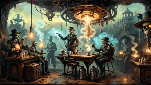 Prompt: A steampunk-inspired coffee scene at a flight school for anthropomorphic lightning bug zombies, set in a cavernous, dimly lit canopy. The scene features zombie cadets in whimsical, swashbuckling leather flightsuits, with intermittent luciferin glows illuminating their insect-like bodies. Crepuscular tendrils of light weave through the air, casting soft, ethereal glows that highlight the metallic elements of their attire. The coffee table is adorned with gears, cogs, and brass utensils, with steam rising from copper and brass contraptions. The lighting is soft, featuring glowing edges and gentle gradients of antique bronze, copper, baby blues, and coffee hues. The atmosphere is a blend of eerie, gothic horror and dynamic steampunk vitality, with an emphasis on both ethereal and mechanical elements.