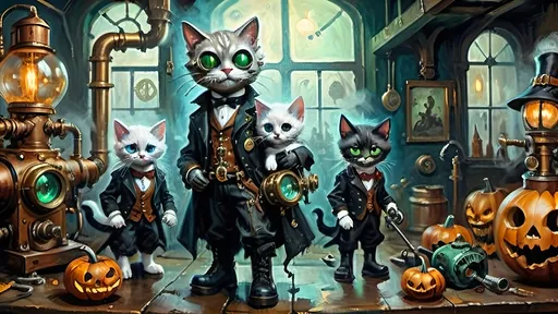 Prompt: trio of anthropomorphic kittens in steampunk Halloween toy factory, Victorian leather and copper attire, ghost hunting apparatus, brass gears, ornate brass blunderbusses, oversized Doc Martens, jester masks, sinister grins, jack-o’-lanterns, eerie masks, shadowy phantoms, gothic spires, blue and green glowing steam pipes, chiaroscuro lighting, glowing mist, modern steampunk devices, silk and brass textures