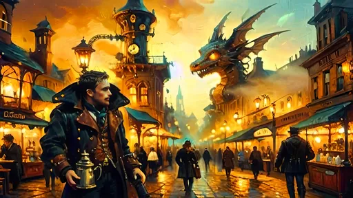 Prompt: A steampunk fantasy market square at dawn, filled with the warm glow of gaslight from antique lanterns casting soft light on cobblestone streets and shopfronts. The air is thick with mist and steam, creating an ethereal atmosphere. In the center stands 'Drag’n Mondays,' a coffee bistro adorned with ornate bronze and copper gears and pipes. Inside, antique carafes glisten in the early light. Felix, wearing a leather vest and brass-tinted Doc Martens, adjusts his brass goggles, glowing softly in the gaslight. Above, a translucent blue and copper spectral dragon hovers gracefully, breathing glowing mist as it serves coffee. Bioluminescent luciferin flowers dot the square, their soft glow mixing with pastel mists and warm hues. The scene is bathed in chiaroscuro lighting, creating dreamy depth and a magical, harmonious blend of fantasy and steampunk.