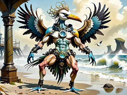 Prompt: Anthropomorphic 
Steampunkesque technology
Muscle bound seabird
---

Under morning sun,  
Seabird graces storied sands—  
Resplendent in form.

---

Elongated legs,  
Supple reeds in zephyrs’ dance—  
Sea's vast embrace calls.

---

Mischief in his eyes,  
Beachgoers’ toil unnoticed—  
Avian voyager.

---

Plumage tousled light,  
Saline breezes bring solace—  
Waves chant his essence.

---

Choreographed grace,  
Wings unfurled in ocean's song—  
Maestro of the shore.

---

Day's vibrant tableau,  
Delights of beachside revels—  
Laughter and salt tang.

---

Fellowship in skies,  
Airborne kin cavort above—  
Cerulean bond.

---

Muscle Beach's arena,  
For robust and brawny strength—  
Whimsical proscenium.

---

Stilts' realm of splendor,  
Statuesque limbs embrace waves—  
Effervescent spirit.
