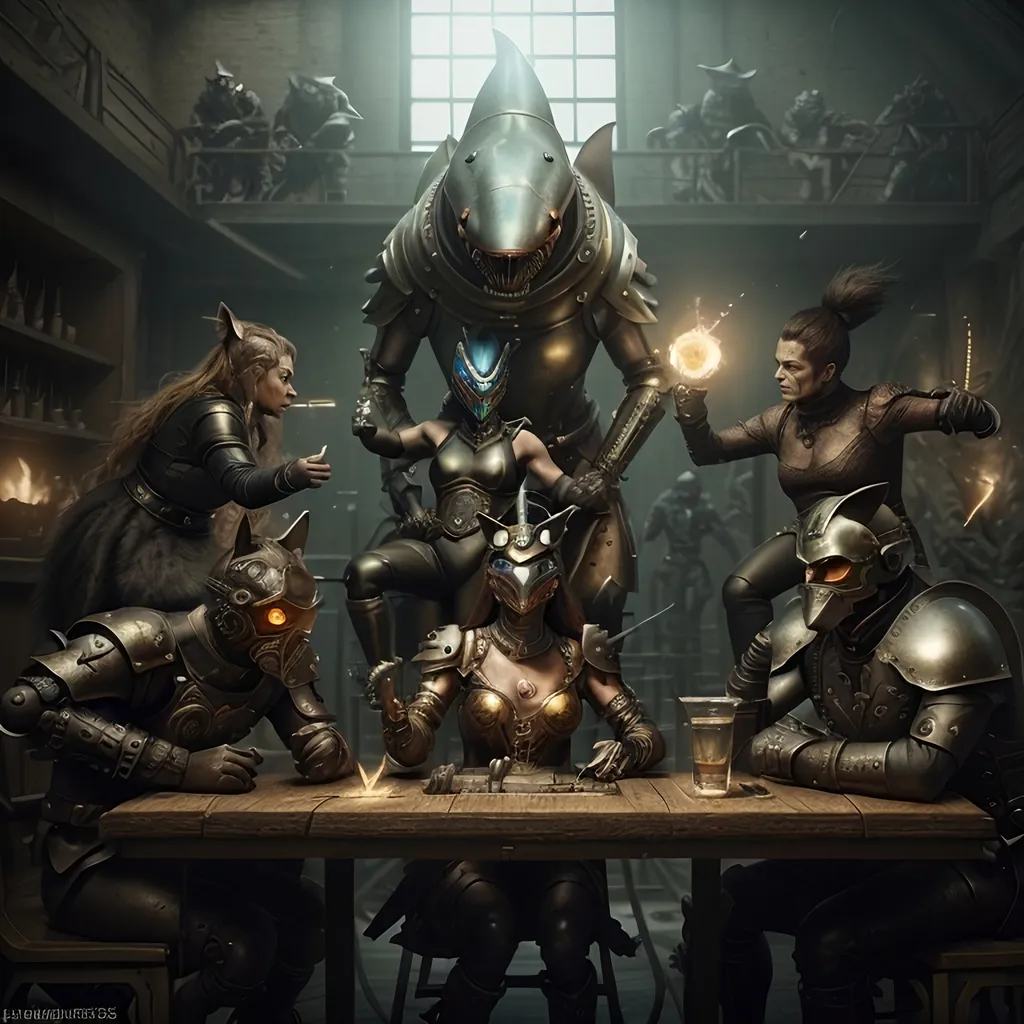 Prompt: In the realm where steam and gears entwine,
A society of anthropomorphic beings intertwine.
Vulpes qiuzhudingi, Ursus maritimus, and Machairodus stand tall,
Clad in armor of shark-leather, bronze, and metal, answering the call.
Their technological prowess gleams in the gaslit streets,
Electric arcs crackle, humming with power that meets.
Each warrior equipped with weapons aglow,
Luciferin strikes painting the canvas, an electrifying show.
The Vulpes qiuzhudingi, cunning and sly,
Their devices intricate, their intellect high.
Ursus maritimus, strong and resilient in the fray,
Their presence commanding, leading the way.
Machairodus, swift and lethal in their advance,
Cat-like grace with a deadly stance.
Together, they form a delta force, united and bold,
Their mission clear, their determination untold.
Anthropomorphic sharks, their foes in this dance,
With Fosse's choreography, they clash and enhance.
In battles of spark and steel, a symphony of war,
The steampunk warriors fight, their spirits soar.
Amidst the clash of steel and might,
The delta force stands strong, their resolve a guiding light.
Against the shark invaders, they hold the line,
In a world where steampunk meets the divine.