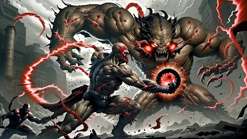 Prompt: A dynamic graphic novel-style scene of a hero battling a colossal monster, using a red, black, and white color palette. The hero is leaping through the air, about to strike the monster. The hero is rendered in stark black with red highlights on their sword and eyes, with white highlights for muscle definition and motion. The colossal monster is menacing, depicted in black with glowing red eyes and wounds, set against a white background. Motion lines in white emphasize the hero's movement, with bold lines and dramatic shadows enhancing the intensity of the battle. High contrast between the colors creates a striking, action-packed image in a bold and vivid style.