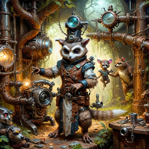 Prompt: Anthropomorphic
Creatures technological
Steampunkesque, sentient 

Gears in silent dance,
Beneath antiquated light,
Luciferin hums.

Rabbit’s nimble paws,
Mechanist of subtle craft,
Wrought from steel and steam.

Ferret’s eyes aglow,
Infiltrator of shadows,
Secrets deftly claimed.

Deer’s tranquil essence,
Mender of the fractured soul,
Healing spells take root.

Venerated owl,
Perched in opulent wisdom,
Machination stirs.

Raccoon’s deft contraptions,
Ingenious and arcane,
Copper dreams take flight.

hesperocyon  
keen gaze sharp, Scout  pathways, peril
Survival in steps.

Short faced Bear, 
brobdingnagian mighty,
Strength forged in twilight.

In this eldritch room,
Where ethereal fog swirls,
Dark fates intertwine.

Gears in silent dance,
Beneath antiquated light,
Luciferin hums.