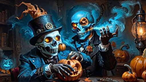 Prompt: Anthropomorphic
Strigoi toil away
Steampunkesque, sentient
technologically apt
Blunderbuss muzzle flashes
eschatologically 
By augury's hue
Strigoi tendrils hued neon
Unfurling their dread
In machinist gloom
Electric azure punctuates
Phantasmagoric
Intricately carved pumpkins
Chiaroscuro's embrace
Amidst gourd carved lantern woe
Rusty spires ascend
Mist enshrouds ephemeral
Realms straddle and scream
Vibrant hues collide
Spectral visages convulse
Enigmatic dread