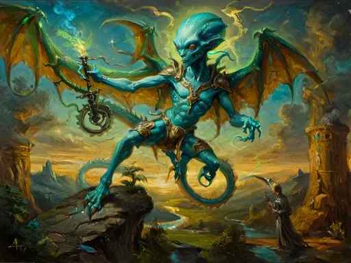 Prompt: Sophisticated scene with an anthropomorphic alien figure, ethereal and unnervingly graceful, gliding through, extra-jointed limbs,  Dragon’s Blunderbuss with mystical blue-green luciferin energy deliberate and artful interactions, poised, effortless authority, showcasing a world where art, magic, and machinery converge with savoir-faire.