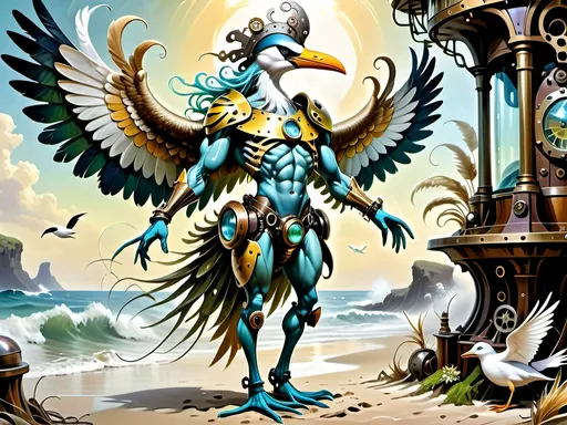 Prompt: Anthropomorphic 
Steampunkesque technology
Muscle bound seabird
---

Under morning sun,  
Seabird graces storied sands—  
Resplendent in form.

---

Elongated legs,  
Supple reeds in zephyrs’ dance—  
Sea's vast embrace calls.

---

Mischief in his eyes,  
Beachgoers’ toil unnoticed—  
Avian voyager.

---

Plumage tousled light,  
Saline breezes bring solace—  
Waves chant his essence.

---

Choreographed grace,  
Wings unfurled in ocean's song—  
Maestro of the shore.

---

Day's vibrant tableau,  
Delights of beachside revels—  
Laughter and salt tang.

---

Fellowship in skies,  
Airborne kin cavort above—  
Cerulean bond.

---

Muscle Beach's arena,  
For robust and brawny strength—  
Whimsical proscenium.

---

Stilts' realm of splendor,  
Statuesque limbs embrace waves—  
Effervescent spirit.
