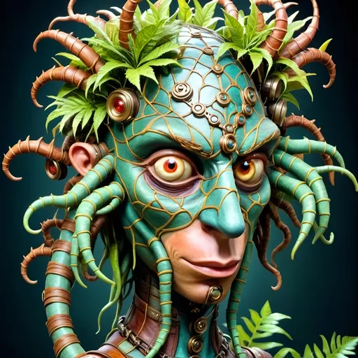 Prompt: Awakening to a world of grass and fog, this anthropomorphic marvel found itself a being of intricate design, its form fashioned from a mosaic of verdant foliage. Each leaf, a distinct contour sculpted by nature's hand, now melded seamlessly into a living, breathing tapestry of existence.

As consciousness unfurled like the delicate fronds of a fern, the anthropomorphic leaf creature's very veins pulsed with the lifeblood of intricate leaf veins, an organic network etched upon its frame - a convergence of the botanical and the mechanical. Its eyes, twin orbs of luminous intent, searched the room with an inquisitive gleam, conveying a depth of emotion that belied its leafy visage.

Donned in steampunk attire fashioned from woven textured foliage, the creature's appearance was a blend of rustic charm and whimsical elegance. The supple fabric of its leaf clothing whispered softly with each movement, granting it a tactile semblance of the sturdy yet comforting embrace of leather, exposed skin as dried leaves.

Thus, in this wondrous amalgamation of flora and function, the steampunkesque creature stood -eye contact and interaction a relaxed posture, a marvel of artistry and ingenuity, a testament to the boundless creativity that flourished in the realm where the natural world and the fantastical collide.
