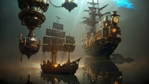 Prompt: A serene scene with glowing motifs and an otherworldly effect, rendered in the style of fountain pen ink, inspired by steampunkesque luciferin powered and illustrated. The scene depicts an exultant dawn breaking with a lucent glow anointing the sky. A pirate ship known as 'fools’ airborne vessel' ascends in a steampunk reverie, with clockwork jesters frolicking near a Rube Goldberg coffee device on deck. Soft gradients blend acrylic colors of bronze, baby blues, and gold, as the airship’s spectral hues glow. Luciferin light and translucent magic weave through the air with ethereal mist. Pistons hum in sync as gears and cogs glide in motion, demonstrating machination’s grace. Lens flares gently bloom, and expansive light shapes the scene, with softly glowing edges. Phong shading gives a touch of realism within the dreamlike haze, while soft blurs and ample negative space breathe life into the scene. Metallic whispers of gold add a sense of luxury as the ship sails through the dreaming steampunk sky, with fools in dawn’s embrace.Chiaroscuro effecits