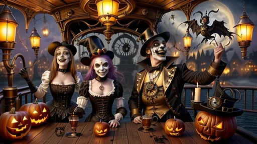 Prompt: Halloween and steampunk fusion scene aboard the mizzen deck of an airship floating in steampunkesque skies during a luciferin-infused dusk, polished brass and antique wood deck with bronze glow, metallic rigging, glowing pistons, intricate steampunk gears, magical translucent luciferin gas, blunderbuss’ muzzle flash, saber’s slash, anthropomorphic 14th-century ghoulish jesters fools dwarves and acrobats in vibrant pastel steampunk costumes, faces painted red, white, and black, laughing emotions, majestic male Halloweenesque character with glowing pocket-sized luciferin hand cannon, youthful ghoulish character in jester costume, devilish youth in pilgrim attire, lavish brunch with Halloween and steampunk decorations, ornate All Hallows' Eve-themed coffee service, carved pumpkins, gothic lanterns, gothic terrace background with spires, dawn light, chiaroscuro lighting for deep contrasts, ethereal dreamlike glow