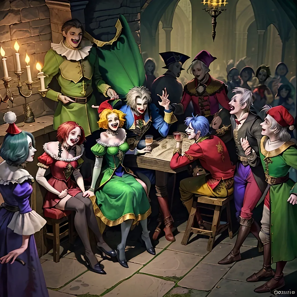 Prompt: #### I. The Motley Band
Once jocund Quibble,  
Favored jester, found solace  
With his motley troupe.

#### II. Unique Talents
Five talents diverse,  
Jangle’s nimble feats astound,  
Merry’s voice enchants.

#### III. Whirlwind of Mirth
Tumble's antics wild,  
Gleek’s mimicry turns knights soft,  
Color, joy they bring.

#### IV. Courtly Sojourns
Through verdant pastures,  
They traverse, perform for all,  
Lords, merchants, and serfs.

#### V. The Stern Duke's Court
At Duke Henry’s court,  
Somber faces challenge them,  
Yet they strive with zeal.

#### VI. Eliciting Smiles
Quibble leads with charm,  
Witty tales and jests delight,  
Laughter slowly spreads.

#### VII. Accidental Faux Pas
Servant spills his wine,  
Quibble’s mimicry amiss,  
Duke's ire does ignite.

#### VIII. The Duke's Wrath
“What insolence here!”  
The Duke’s voice thunderous,  
Troupe's hearts heavy sink.

#### IX. The Somber Night
By the fire they rest,  
Quibble’s heart with sorrow swells,  
Loyal troupe consoles.

#### X. Resolute Spirits
“New court awaits us,”  
Merry's lute with hope resounds,  
Together they stand.

#### XI. A New Dawn
In a kinder court,  
They perform unmarred by fear,  
Quibble’s smiles grow true.

#### XII. Eternal Jest
Laughter ever bright,  
Shared journey strengthens their bond,  
Jesters to the end.
