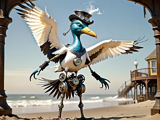 Prompt: Anthropomorphic 
Steampunkesque technology
Muscle bound seabird
---

Under morning sun,  
Seabird graces storied sands—  
Resplendent in form.

---

Elongated legs,  
Supple reeds in zephyrs’ dance—  
Sea's vast embrace calls.

---

Mischief in his eyes,  
Beachgoers’ toil unnoticed—  
Avian voyager.

---

Plumage tousled light,  
Saline breezes bring solace—  
Waves chant his essence.

---

Choreographed grace,  
Wings unfurled in ocean's song—  
Maestro of the shore.

---

Day's vibrant tableau,  
Delights of beachside revels—  
Laughter and salt tang.

---

Fellowship in skies,  
Airborne kin cavort above—  
Cerulean bond.

---

Muscle Beach's arena,  
For robust and brawny strength—  
Whimsical proscenium.

---

Stilts' realm of splendor,  
Statuesque limbs embrace waves—  
Effervescent spirit.
