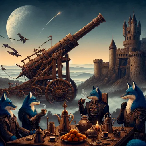 Prompt: {
  "prompt": "Illustrate a steampunk and gothic scene at dawn with an epic trebuchet and four anthropomorphic blue fox adventurers. The setting includes a dark, steampunk landscape with Dracula's fortress on a distant hill. Highlight the trebuchet with steampunk designs. Characters: Sebastian (leader), Alistair (sharpshooter), Finnegan (engineer), Cedric (medic). Include a coffee break with a steampunk coffee maker, carafe, and krumpets. Use dawn light to highlight details and create a dark, adventurous mood."
}